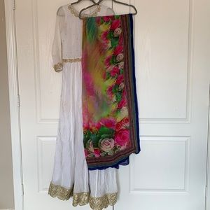 White dress with floral scarf